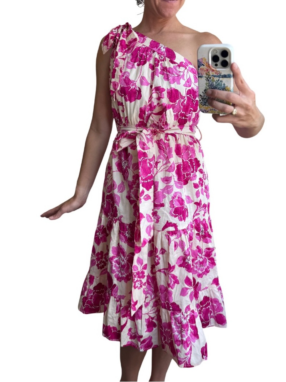 Yaly Couture Pink Floral One Shoulder Cotton Midi Maxi Dress Belted